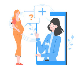 Fototapeta na wymiar Pregnant woman on an online consultation with a doctor. Clinic in a mobile phone. Health care, pregnancy management, answers and questions. Vector flat illustration.