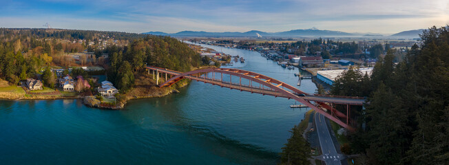 Rainbow Bridge and the City of La Conner, Washington. La Conner is a popular tourist town known for...