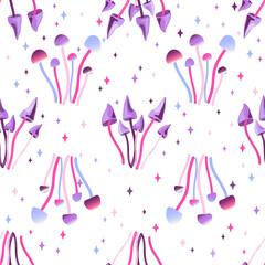 Seamless pattern with magic mushrooms on a white background. Fantastic, unreal, mystical, alien mushrooms. Vector illustration