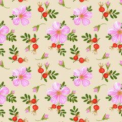 Rosehip seamless pattern on beige background
