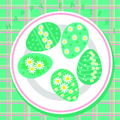 The green eggs are decorated with Easter lilies. The picture can be a greeting card. Vector illustration