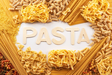 Mix of macaroni background with pasta inscription