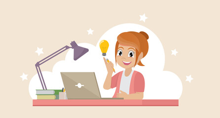 girl with his laptop expressing his success. Education concept.