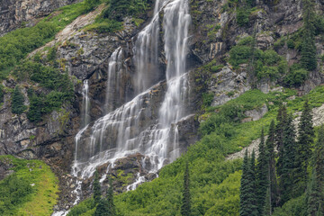 Waterfall flowing into Rainy Lake, Washington State, North Cascades National Park