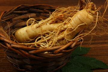 ginseng and slices ,medicine background.