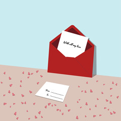 A letter about Love in the Red Envelope on the Heart-strewn Table. Vector