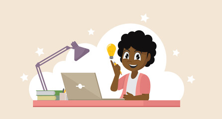 African girl with his laptop expressing his success. Education concept.