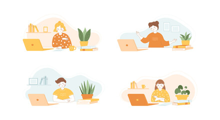 Online education concept vector illustration set. Remote communication using laptop. Girls and boy looking at computer screen. Video calling, chat with tutor, distance learning. Friends meeting