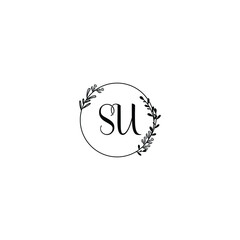 SU initial letters Wedding monogram logos, hand drawn modern minimalistic and frame floral templates