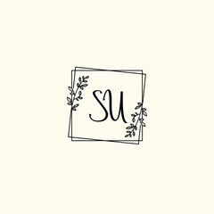 SU initial letters Wedding monogram logos, hand drawn modern minimalistic and frame floral templates