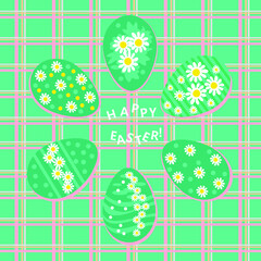 The green eggs are decorated with Easter lilies. The picture can be a greeting card. Vector illustration