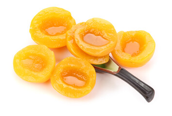 Canned peach on syrup over white background - obrazy, fototapety, plakaty