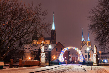 snowy new year decorated city wroclaw in winter in poland