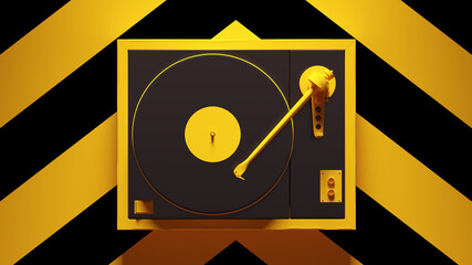 Yellow Black Turntable Post-Punk Record Player with Yellow an Black Chevron Pattern Background 3d illustration render