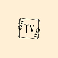TV initial letters Wedding monogram logos, hand drawn modern minimalistic and frame floral templates