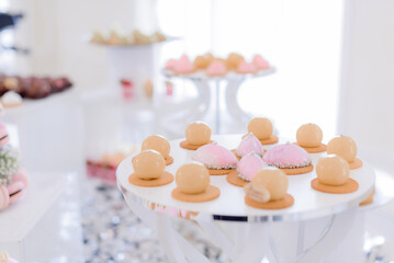 Close up view of catering table with portion mousses desserts . Delicate gourmet mousses desserts are on the other desserts background.