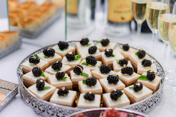 Close up view of portion beige colored mousses desserts decorated with blackberries.