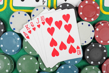 Casino chips winning royal flush combination, top view. - obrazy, fototapety, plakaty