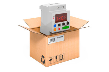 Digital timer switch inside cardboard box, delivery concept. 3D rendering