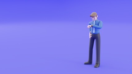 Businessman look at his watch to check the time and waiting for co-worker or his dealer about minute to hour. 3D illustration rendering in the concept of business.
