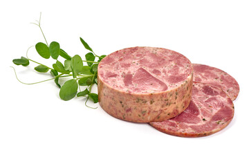 Ham sausage slices, isolated on white background. High resolution image