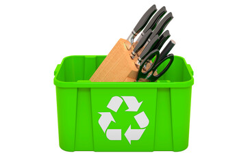 Recycling trashcan with kitchen knives, 3D rendering