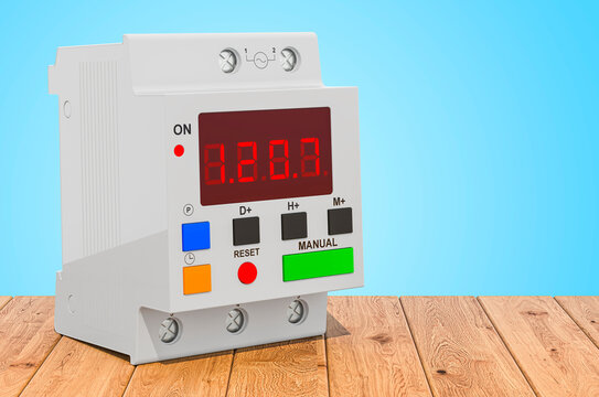Digital timer switches on the wooden planks, 3D rendering
