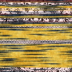 Seamless ethnic tribal pattern stripes rug design. High quality illustration. Detailed aged distressed collage of stripes and pattern overlaid with a reaction diffusion texture. Grungy mottled montage
