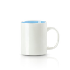Empty white cup with blue interior isolated on white background with soft shadow and reflection