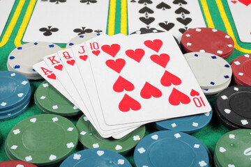 Casino chips winning royal flush combination - obrazy, fototapety, plakaty