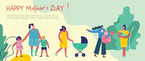 Obraz premium Colorful vector illustration concepts of Happy Mother's day . Mothers with the children for greeting cards, posters and backgrounds