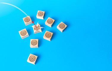 Red bow arrow hits a target circle. Direct shot, Bulls-eye. Marketing, successful targeting, high...