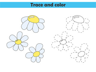 Trace and color the cute flowers. Learning to draw and paint. Worksheet for preschoolers. Vector illustration.
