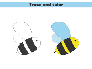 Trace and color the cute bee. Learning to draw and paint. Worksheet for preschoolers. Vector illustration.