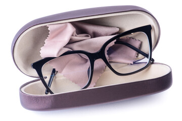 Reading glasses in case isolated on white background