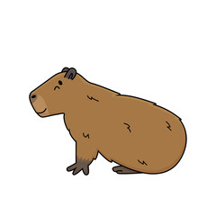 Vector brown cute cartoon outline Capybara smiles and lying on the ground, eyes closed, dreaming or sleeping. Doodle isolated illustration of animal is on white background, side view.