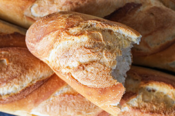 French bread. French baguette. Close up focus.