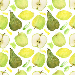 Watercolor seamless pattern. Apples, lemons, pears and abstract watercolor stains on white background. Design for fabric, wallcovering, postcard, invitations, paper for scrapbooking or wrapping paper.