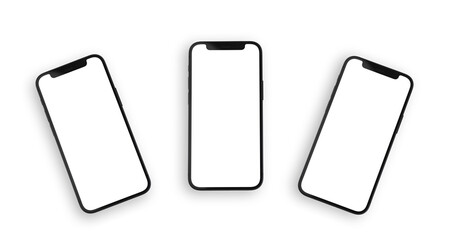 Modern smartphone mockups with blank white screens, isolated white background, template