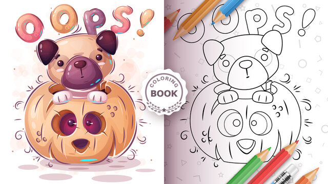 Dog in pampkin - coloring book for kids and children