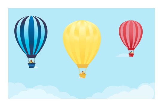 People fly on balloons against the blue sky. Romantic concept of summer travel. Hot air balloon Flight Festival. Vector flat illustration