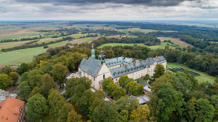 A magnificent monastery with a basilica and a sanctuary on St. Anne's Mountain, a place of Christian worship in Poland in the province
Silesia, aerial photos