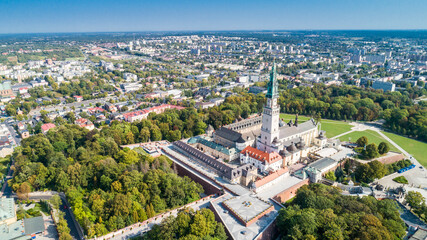 Poland, Częstochowa. Jasna Góra fortified monastery and church on the hill. Famous historic place and  Polish Catholic pilgrimage site with Black Madonna miraculous icon. Aerial view in fall. © Konrad Kerker
