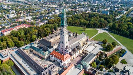 Poland, Częstochowa. Jasna Góra fortified monastery and church on the hill. Famous historic place and 
Polish Catholic pilgrimage site with Black Madonna miraculous icon. Aerial view in fall.