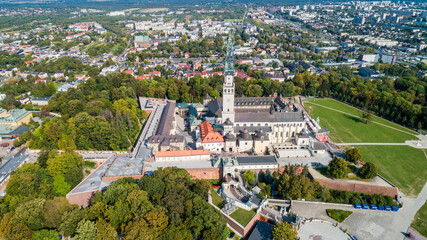 Poland, Częstochowa. Jasna Góra fortified monastery and church on the hill. Famous historic place and  Polish Catholic pilgrimage site with Black Madonna miraculous icon. Aerial view in fall. © Konrad Kerker