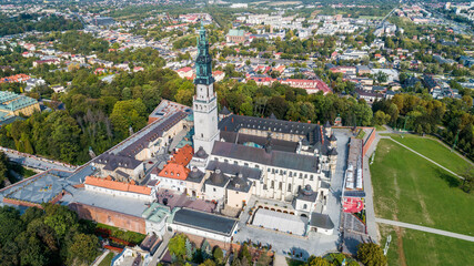 Poland, Częstochowa. Jasna Góra fortified monastery and church on the hill. Famous historic place and  Polish Catholic pilgrimage site with Black Madonna miraculous icon. Aerial view in fall. © Konrad Kerker
