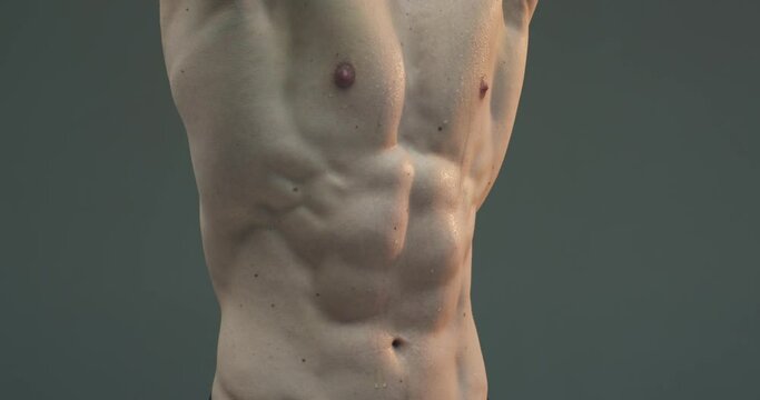 Muscular and sexy torso of young man with perfect abs. Male abdominal muscles. Advertising video of sports nutrition