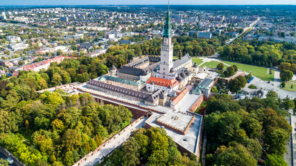 Poland, Częstochowa. Jasna Góra fortified monastery and church on the hill. Famous historic place and Polish Catholic pilgrimage site with Black Madonna miraculous icon. Aerial view in fall.