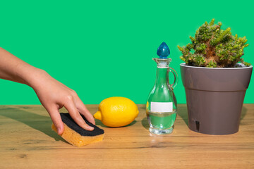 A woman's hand wipes a wooden table with a sponge and a natural non-toxic agent. Ecological home...