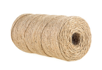 Jute skein isolated on a white background. Jute twine close-up. Natural brown rope.